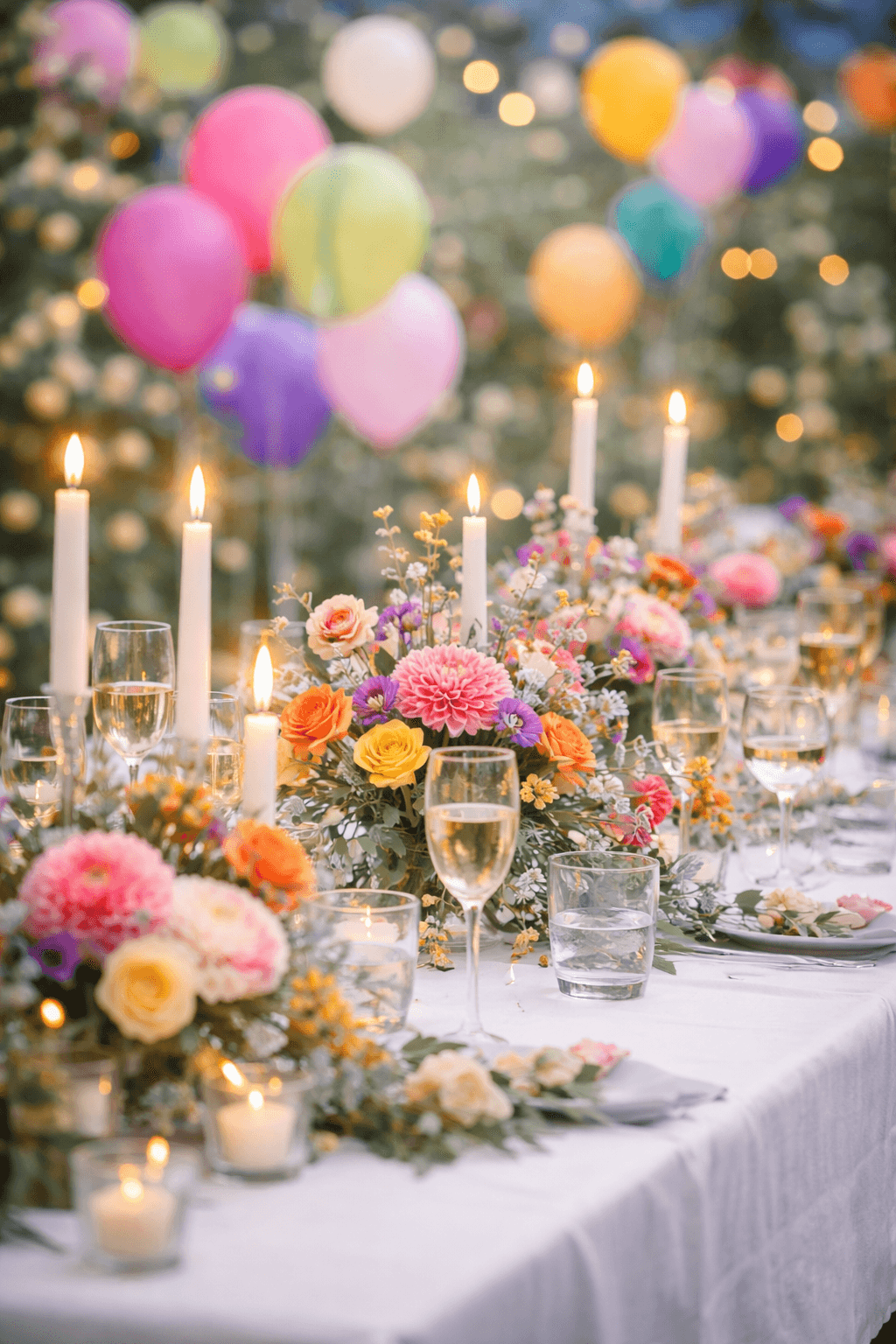 Festlich gedeckte Hochzeitstafel mit Blumen und Kerzen